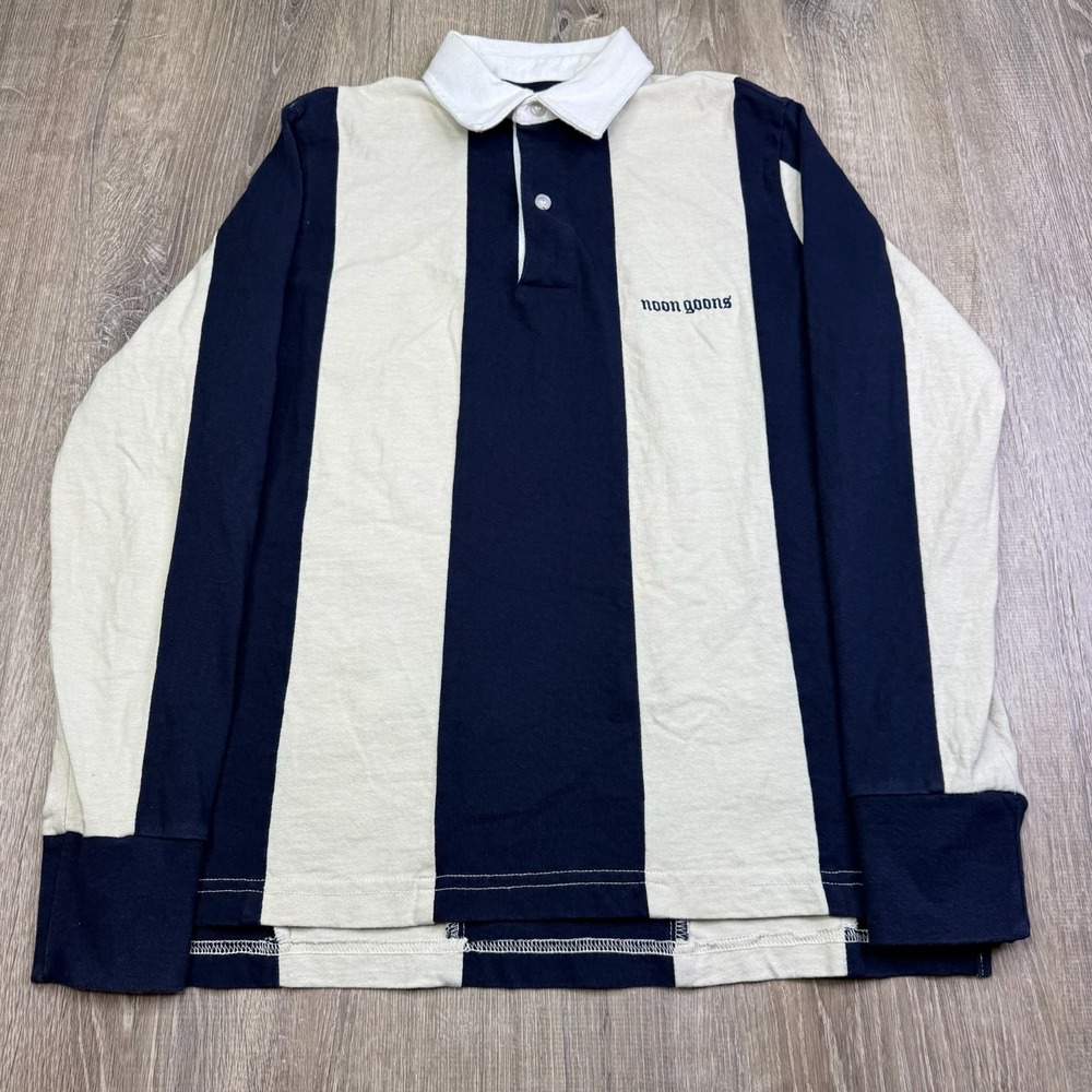 Noon Goons Mens Navy White Bold Striped Logo Long Sleeve H-Low Hem Polo Shirt XS